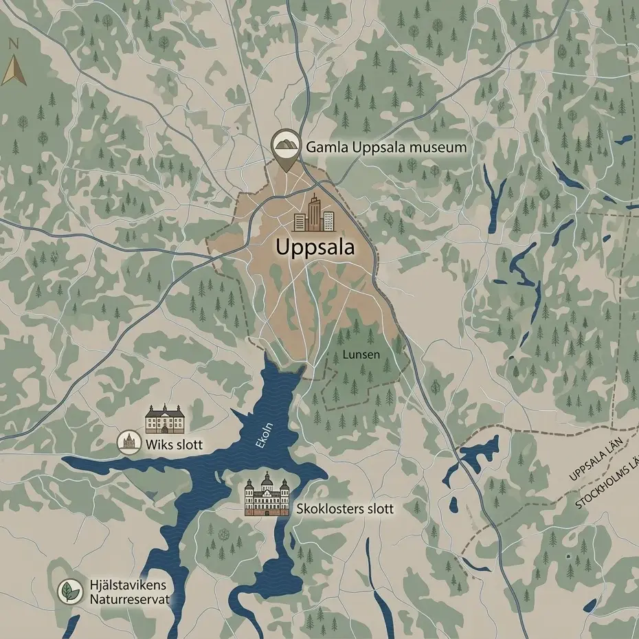 Illustrerad karta över Uppsala och omkringliggande områden, vilket utgör verksamhetsområdet för den lokala målerifirman Herrängens Måleriteknik.
